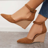 Suisecloths Classic Ankle Strap Wedges Pointed Toe Stacked Heel Dress Pumps